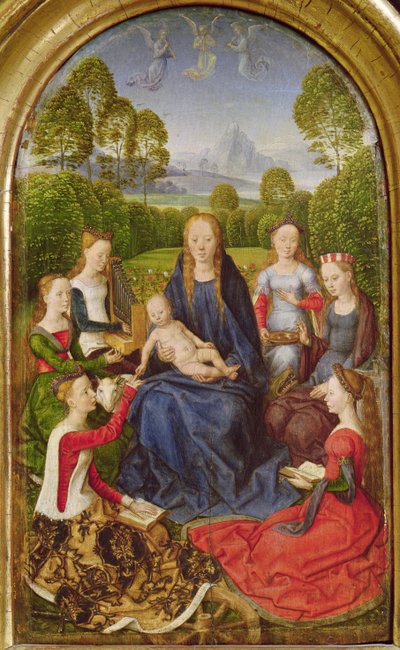 Jungfrau und Kind mit Heiligen, linke Tafel des Diptychons von Jean du Cellier, ca. 1490 von Hans Memling